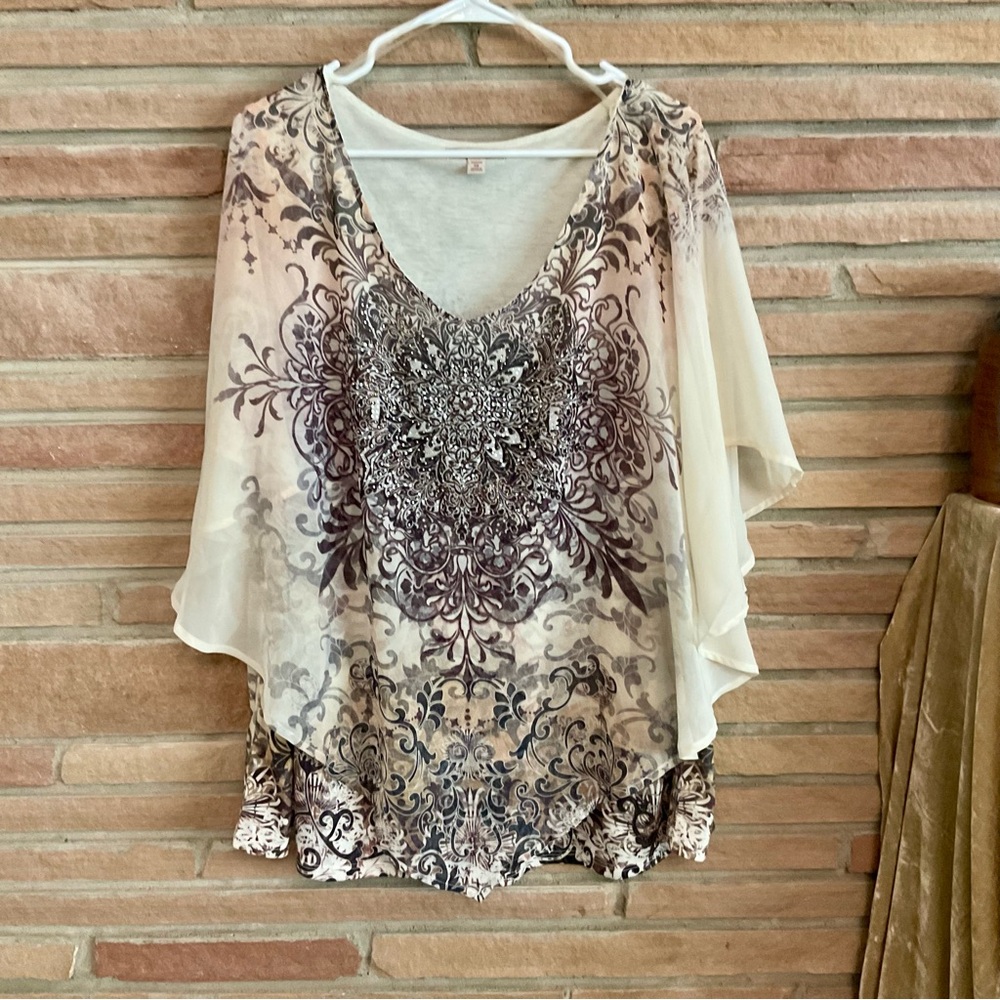 Plus Size Flowy Layered Boho Embellished Blouse Cream Brown 3X